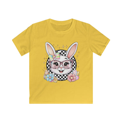 Kids Bunny Floral Tee — Cute Bunny with Glasses & Checkerboard Design