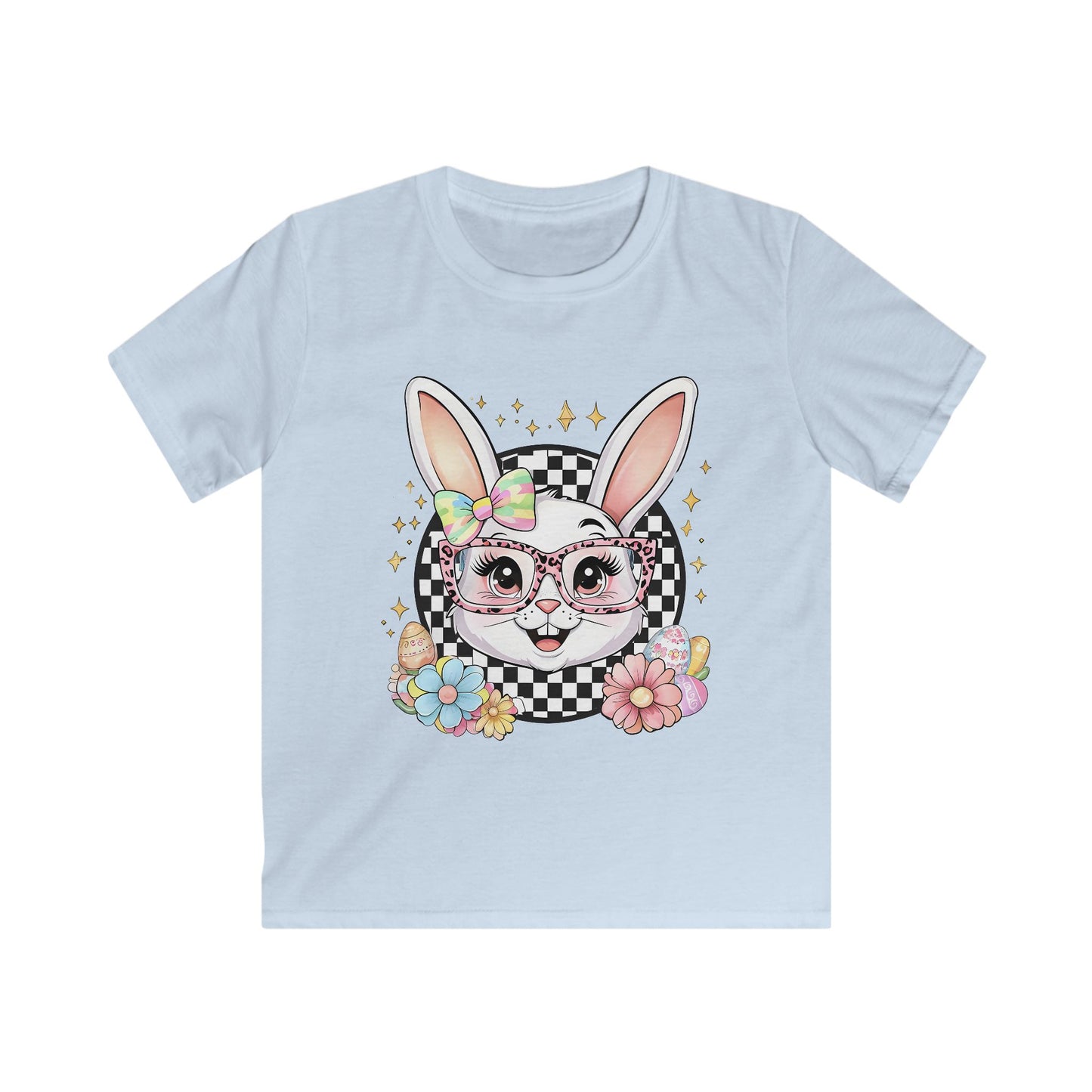 Kids Bunny Floral Tee — Cute Bunny with Glasses & Checkerboard Design