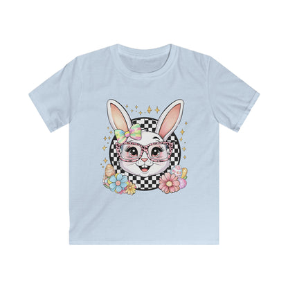 Kids Bunny Floral Tee — Cute Bunny with Glasses & Checkerboard Design