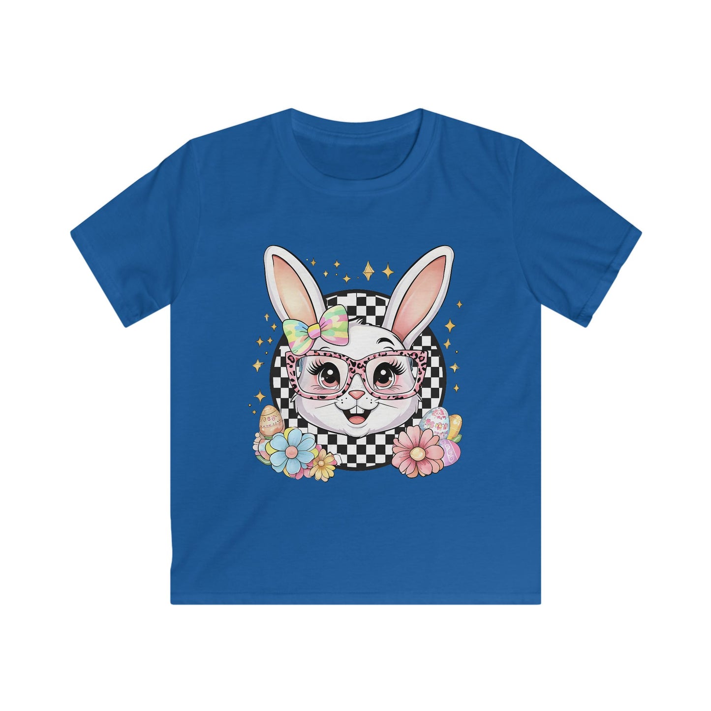 Kids Bunny Floral Tee — Cute Bunny with Glasses & Checkerboard Design