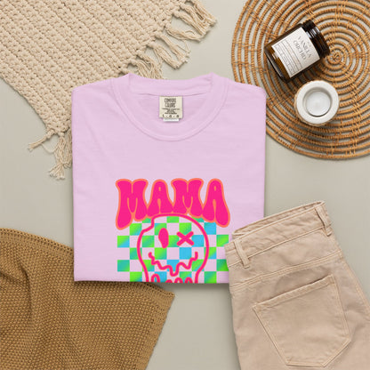 Mama Meltdown Graphic T-Shirt — Neon Checkerboard Drip Design