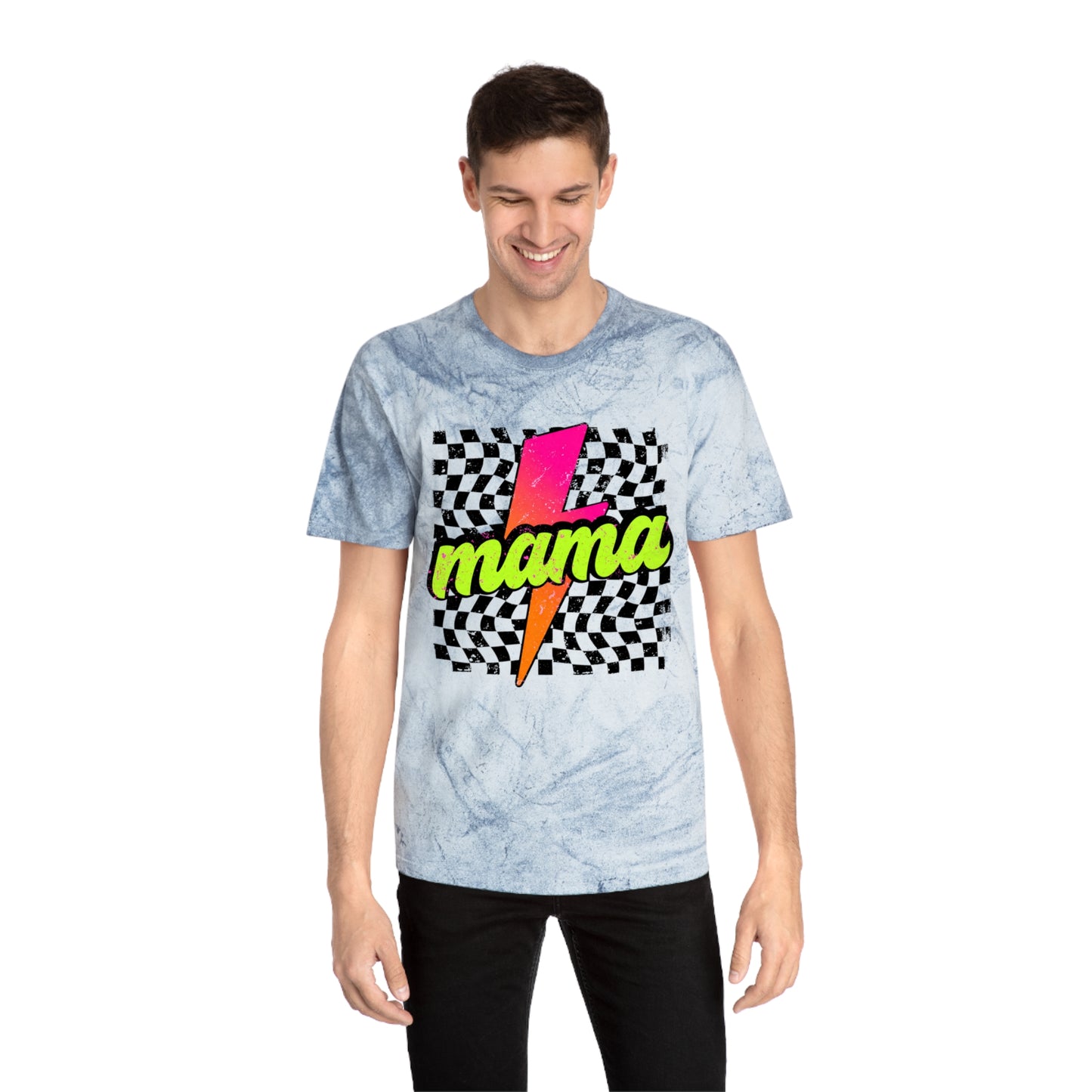 Mama Lightning Bolt T-Shirt — Retro Neon Checkered Graphic Tee
