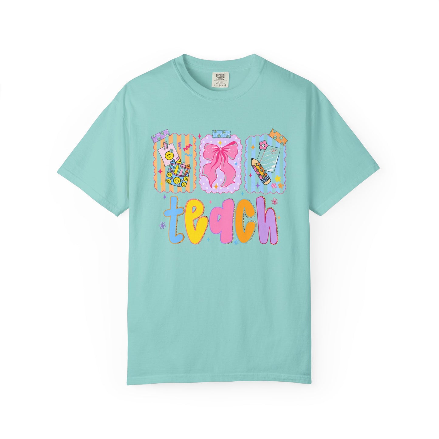Teacher Gift T‑Shirt — Colorful 'Teach' Classroom Apple & Supplies Design