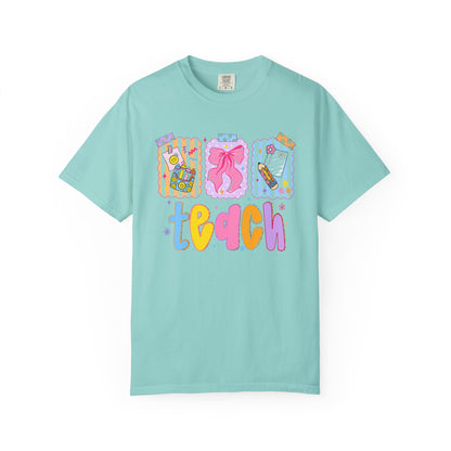 Teacher Gift T‑Shirt — Colorful 'Teach' Classroom Apple & Supplies Design