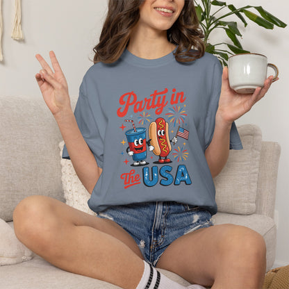 Party in the USA T-Shirt — Patriotic Hot Dog & Soda 4th of July Tee