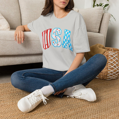 USA Patriotic T-Shirt — Red White & Blue Lettering Tee
