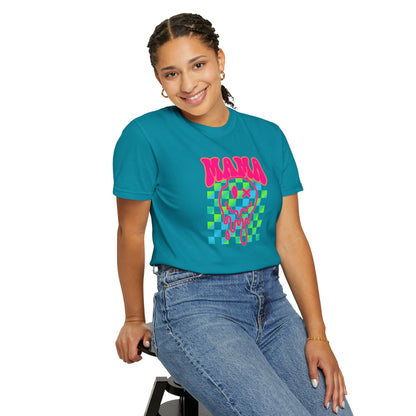 Mama Meltdown Graphic T-Shirt — Neon Checkerboard Drip Design