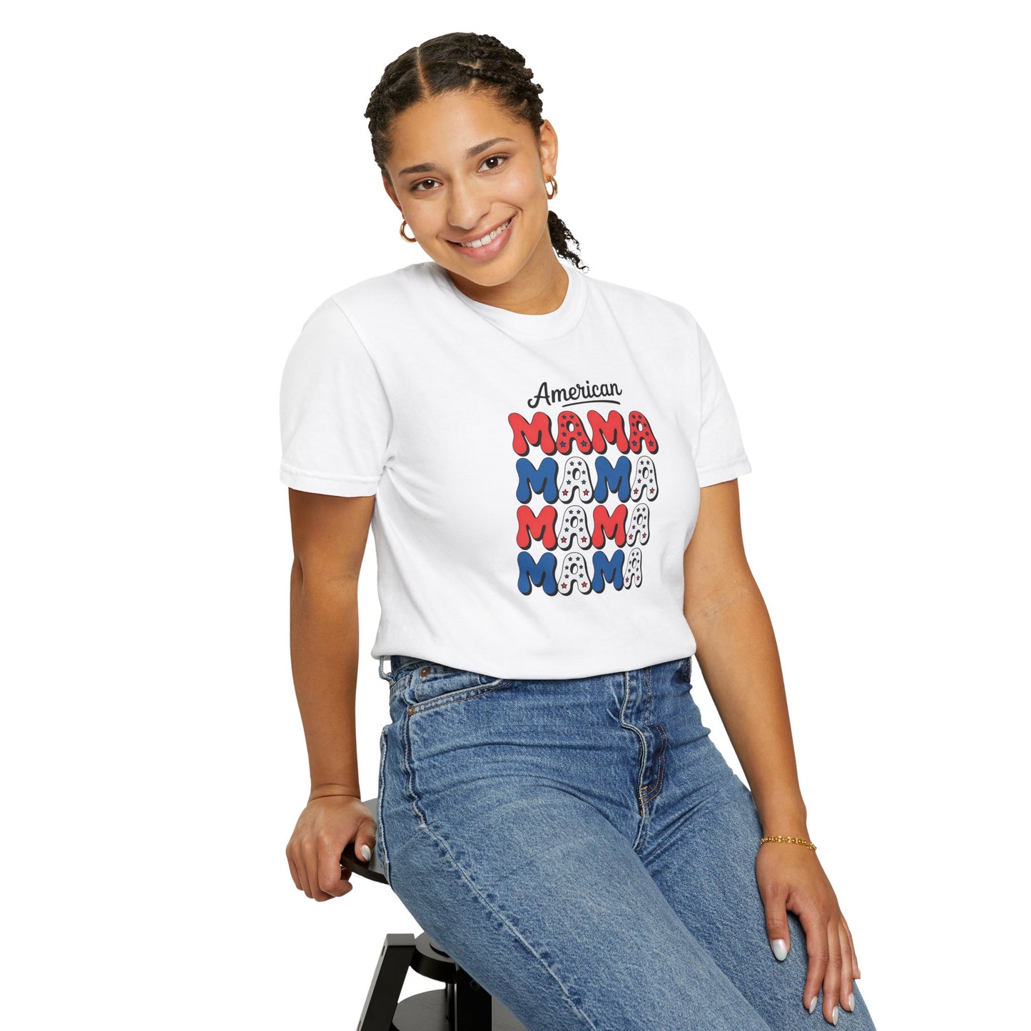 American Mama Graphic T-Shirt – Patriotic Red White Blue Mom Tee