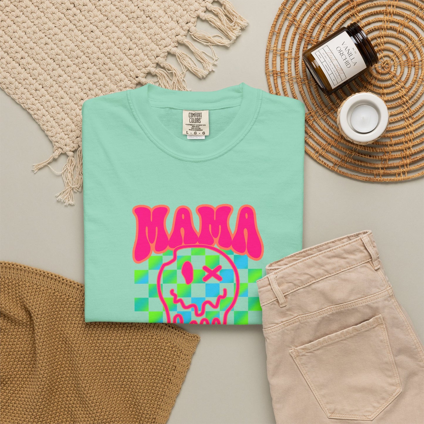 Mama Meltdown Graphic T-Shirt — Neon Checkerboard Drip Design