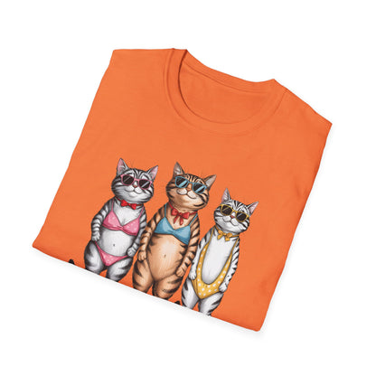 Funny Cats in Bathing Suits T-Shirt — Retro Trio Cat Beach Tee