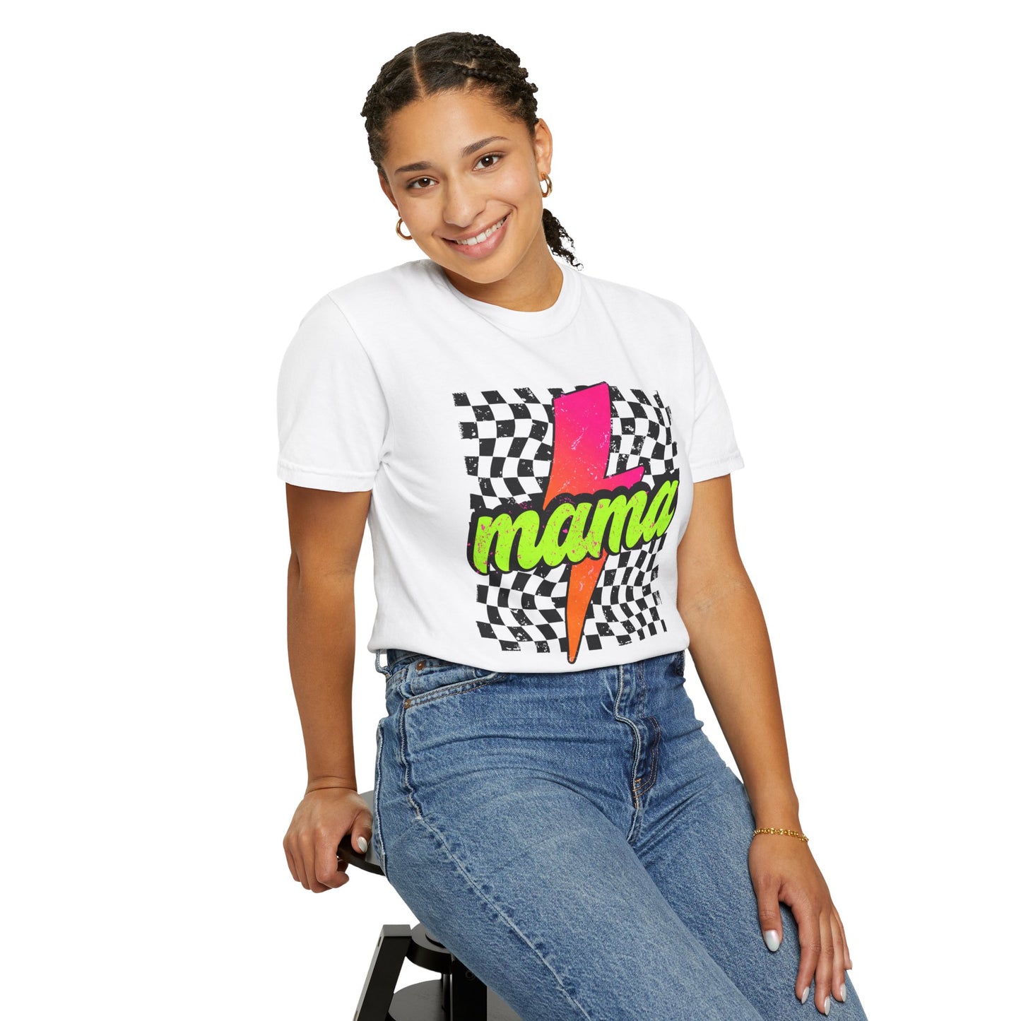 Mama Lightning Bolt T-Shirt — Retro Neon Checkered Graphic Tee for Moms