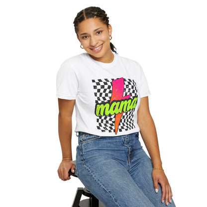 Mama Lightning Bolt T-Shirt — Retro Neon Checkered Graphic Tee for Moms
