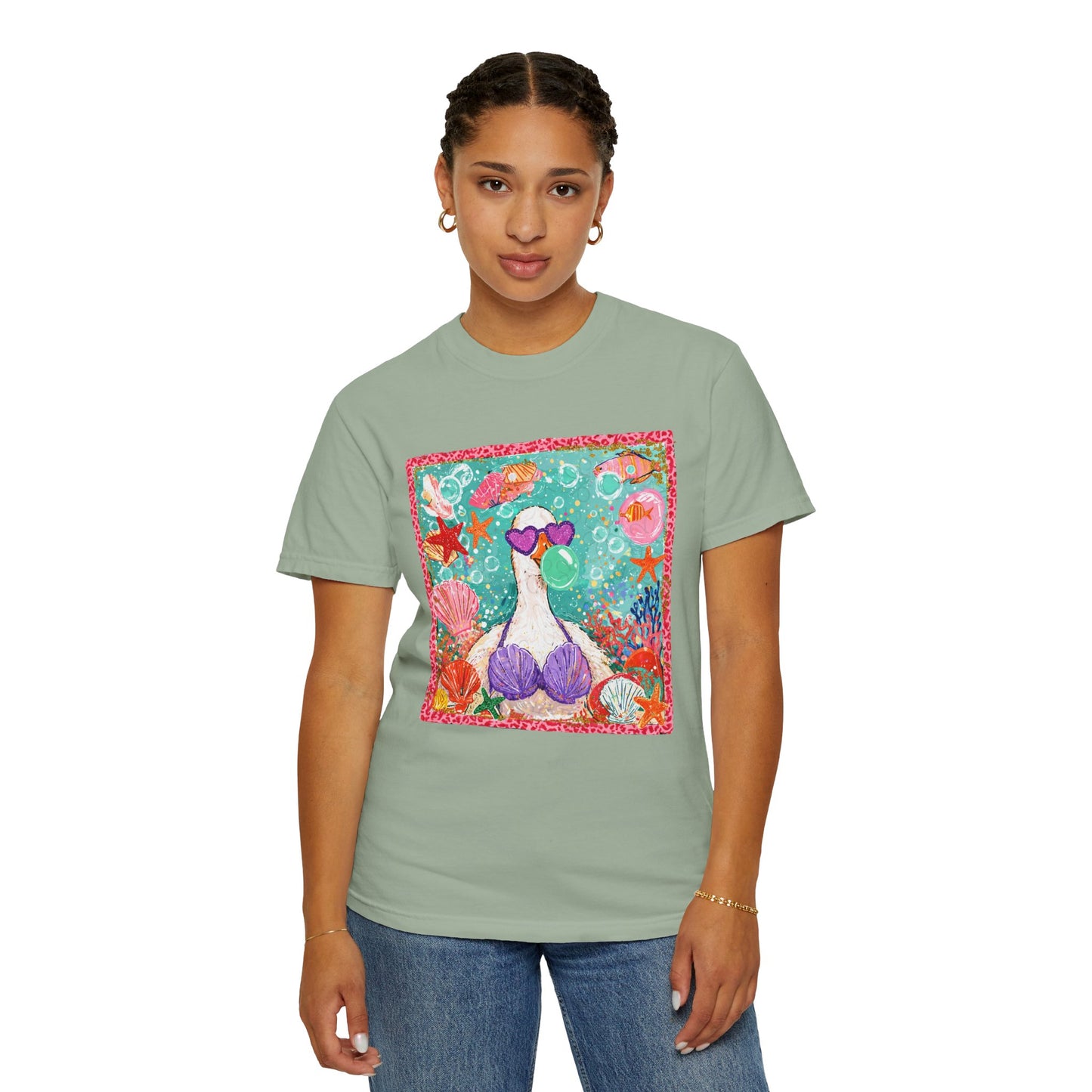 Sea Duck Mermaid T-Shirt — Whimsical Beach Graphic Tee with Sunglasses & Shell Bra