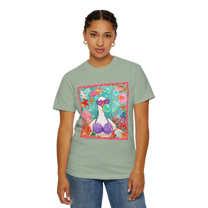 Sea Duck Mermaid T-Shirt — Whimsical Beach Graphic Tee with Sunglasses & Shell Bra