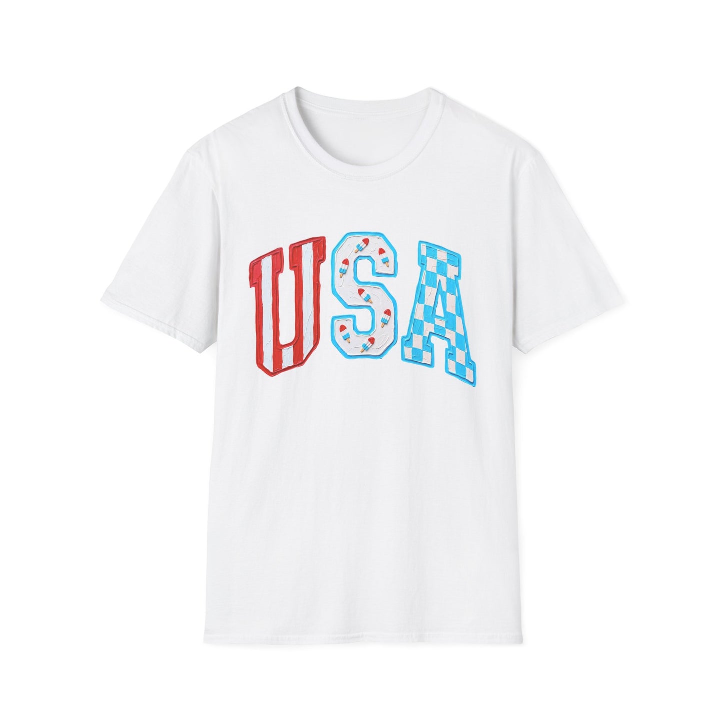 USA Patriotic T-Shirt — Red White & Blue Lettering Tee
