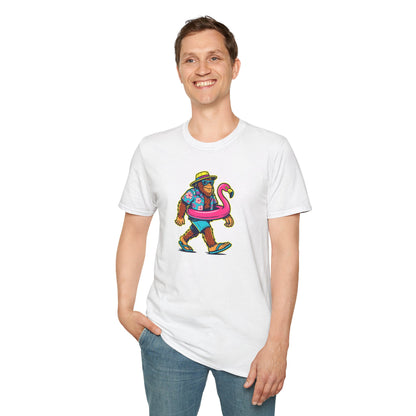 Beach Vacation Bigfoot Tee — Funny Sasquatch with Flamingo Float Shirt