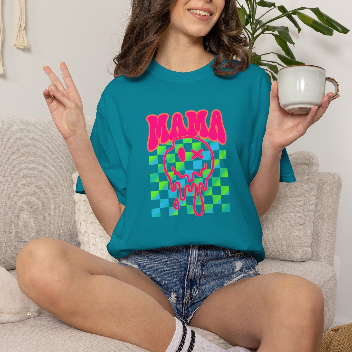 Mama Meltdown Graphic T-Shirt — Neon Checkerboard Drip Design