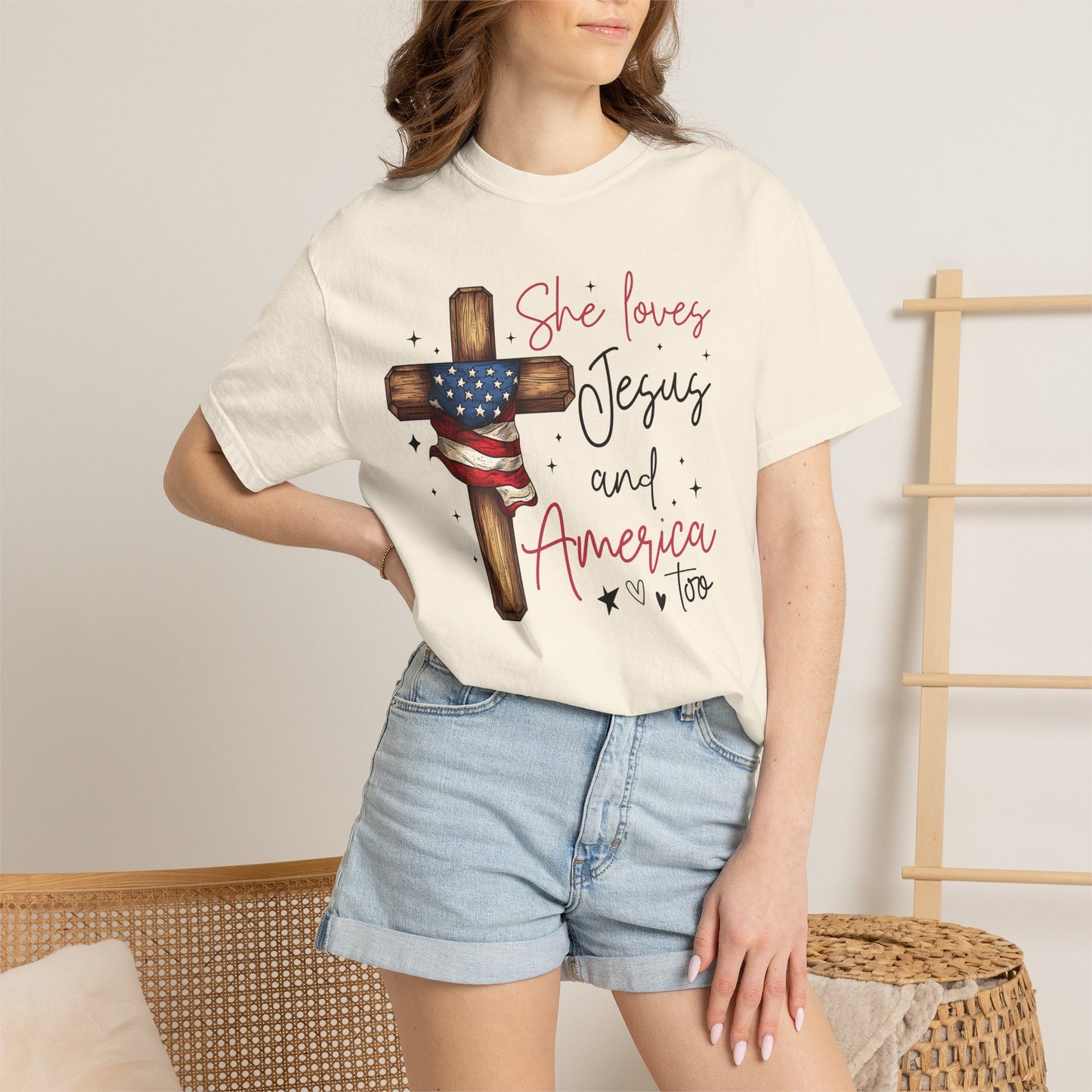 T-Shirt — "She Loves Jesus and America Too" Cross & Flag Faith Patriotic Tee