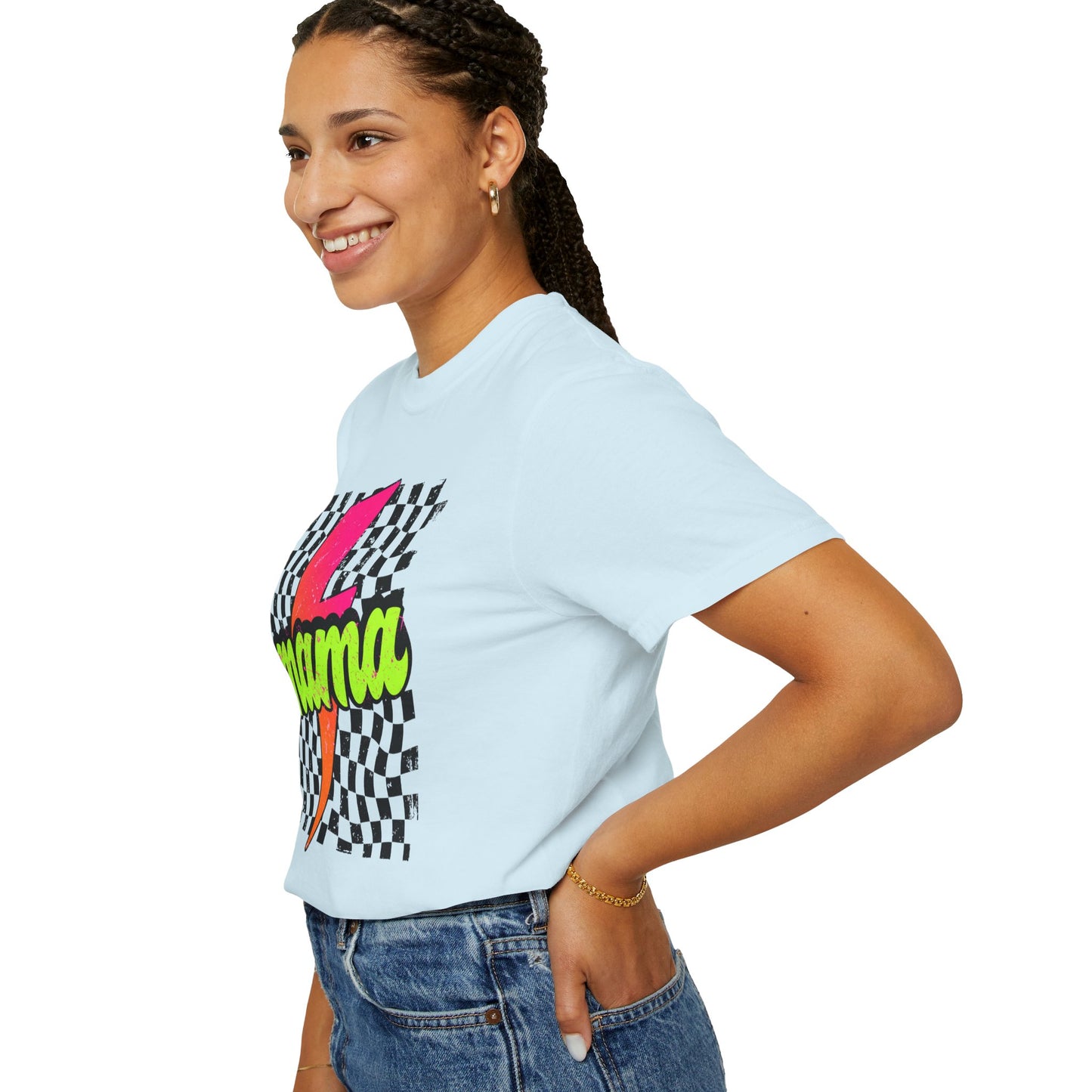 Mama Lightning Bolt T-Shirt — Retro Neon Checkered Graphic Tee for Moms