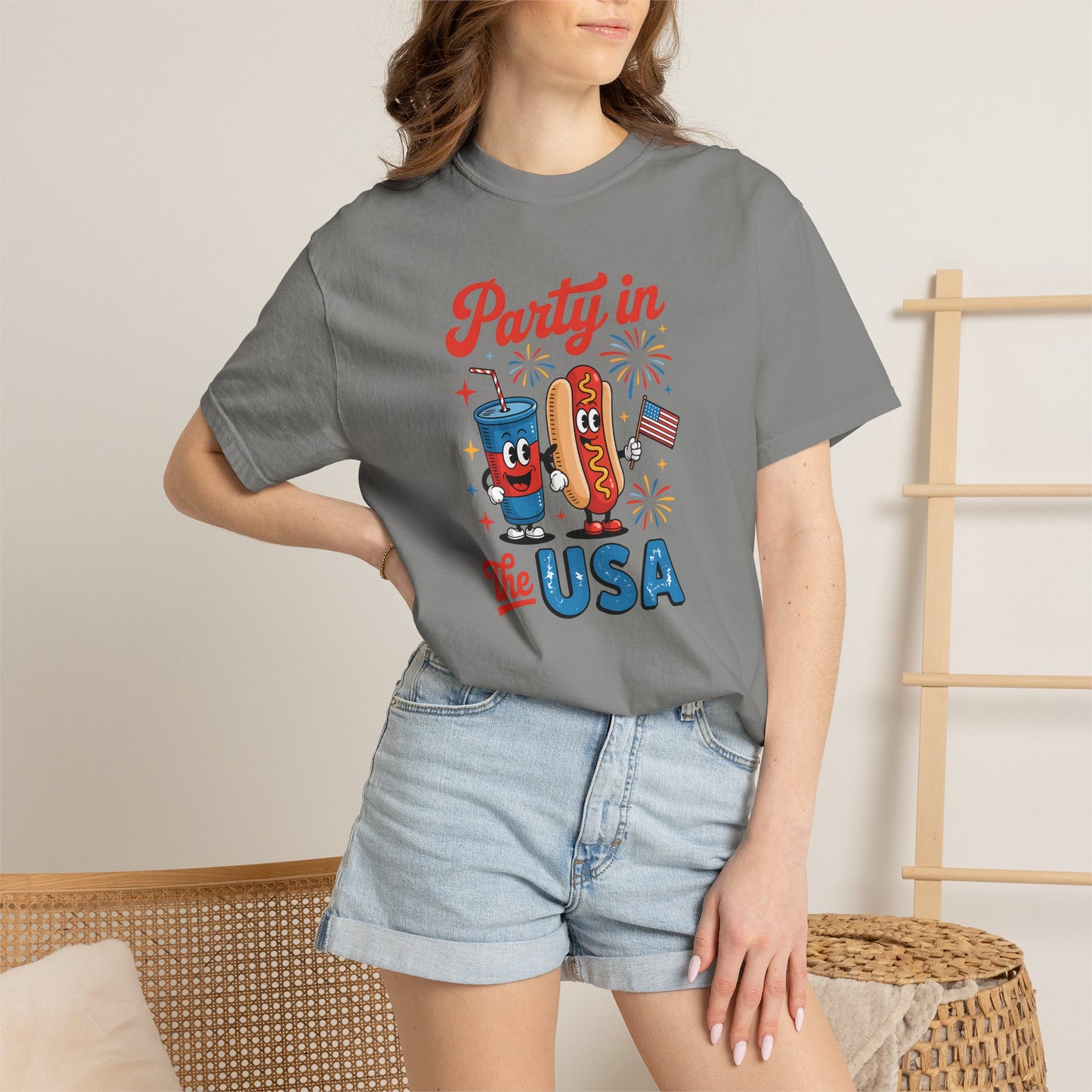 Party in the USA T-Shirt — Patriotic Hot Dog & Soda 4th of July Tee