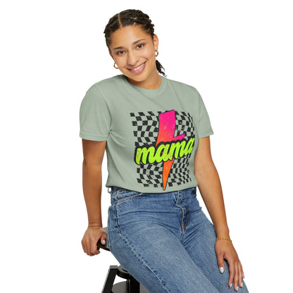 Mama Lightning Bolt T-Shirt — Retro Neon Checkered Graphic Tee for Moms