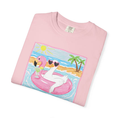 Summer Flamingo Pool Float T-Shirt – ‘Good Vibes & Sunshine’ Beach Tee
