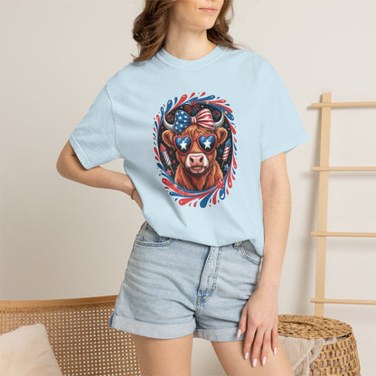 Patriotic Cow Graphic T-Shirt – USA Flag Sunglasses 4th of July Tee