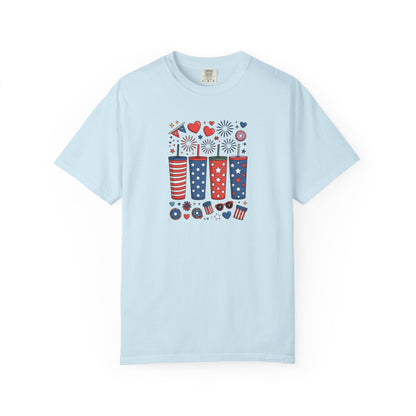Patriotic Fireworks Cups T-Shirt — USA 4th of July Graphic Tee