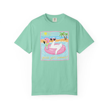 Summer Flamingo Pool Float T-Shirt – ‘Good Vibes & Sunshine’ Beach Tee