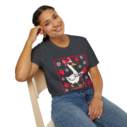 Cute Goose on Scooter T‑Shirt — Strawberry & Bow Graphic Tee