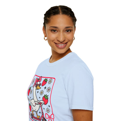 Cute Goose on Scooter T‑Shirt — Strawberry & Bow Graphic Tee
