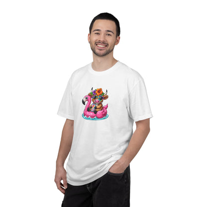 Cute cow on Pink Flamingo Float Graphic T-Shirt — Summer Pool Party Tee