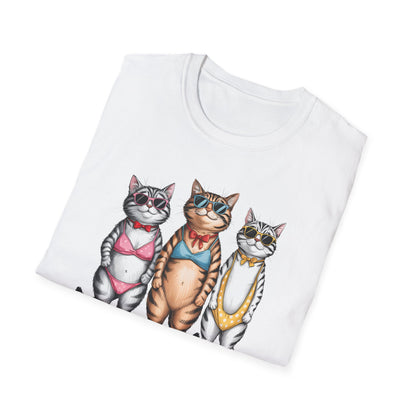 Funny Cats in Bathing Suits T-Shirt — Retro Trio Cat Beach Tee