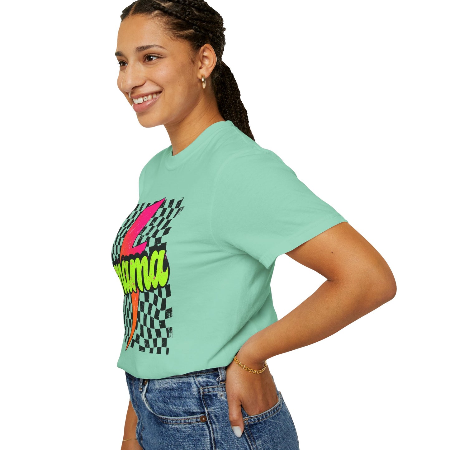 Mama Lightning Bolt T-Shirt — Retro Neon Checkered Graphic Tee for Moms