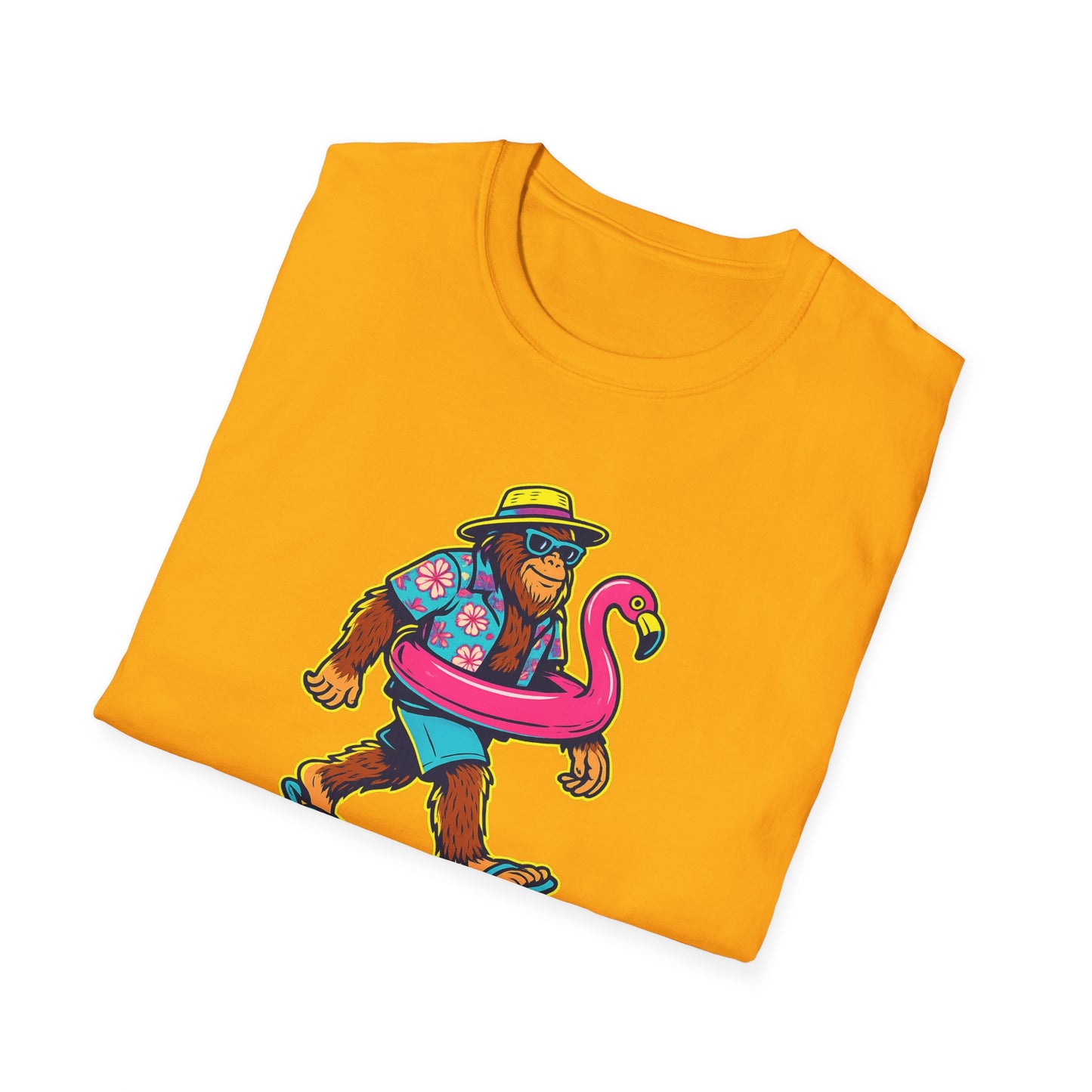 Beach Vacation Bigfoot Tee — Funny Sasquatch with Flamingo Float Shirt