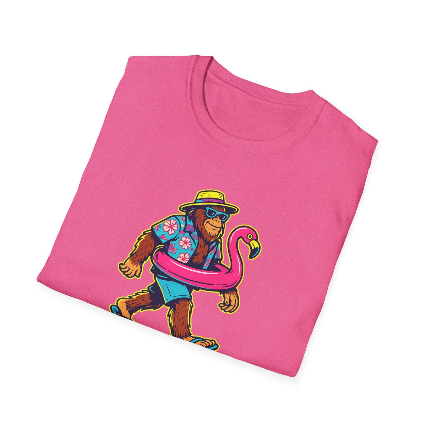 Beach Vacation Bigfoot Tee — Funny Sasquatch with Flamingo Float Shirt