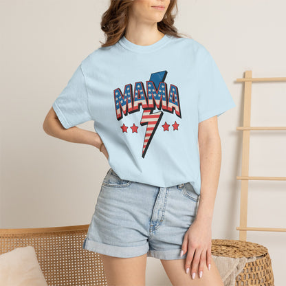 Mama Lightning Bolt Graphic Tee — Patriotic Stars & Stripes Mom T-Shirt