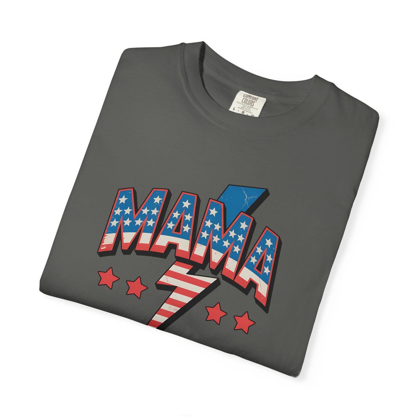 Mama Lightning Bolt Graphic Tee — Patriotic Stars & Stripes Mom T-Shirt