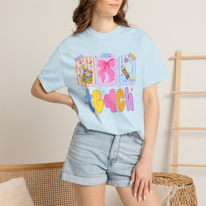Teacher Gift T‑Shirt — Colorful 'Teach' Classroom Apple & Supplies Design