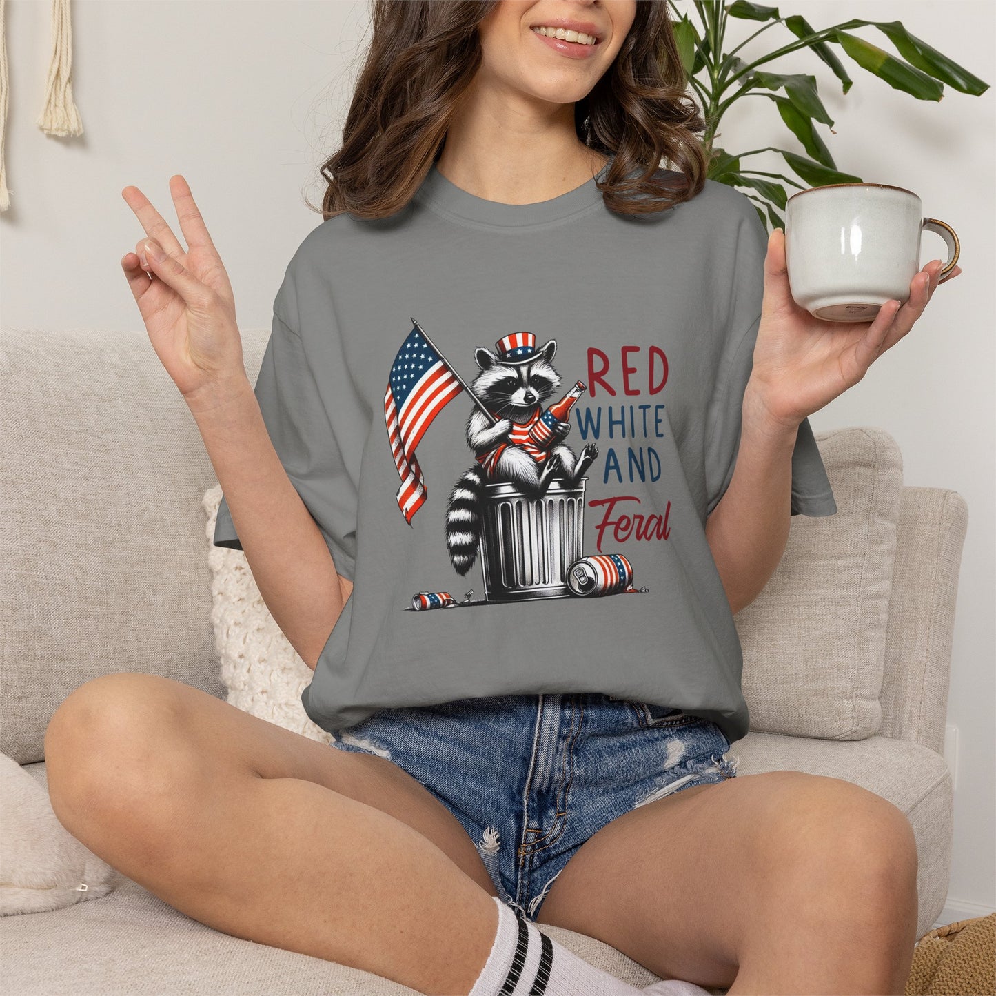T-Shirt — 'Red, White and Feral' Raccoon American Flag Graphic