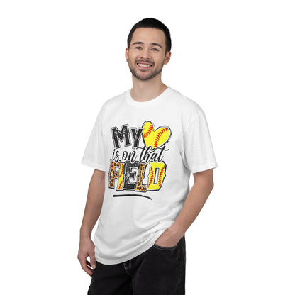Softball Mom T-Shirt - "My Heart is on That Field" Leopard Stitch Design