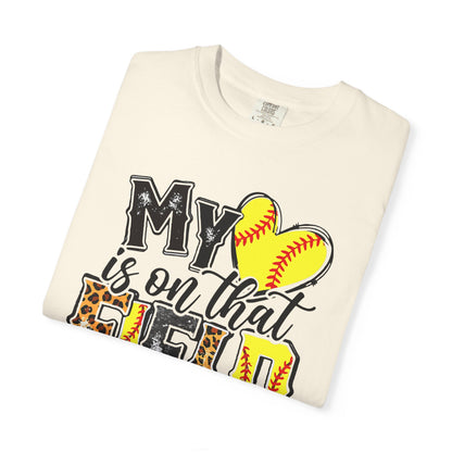 Softball Mom T-Shirt - "My Heart is on That Field" Leopard Stitch Design