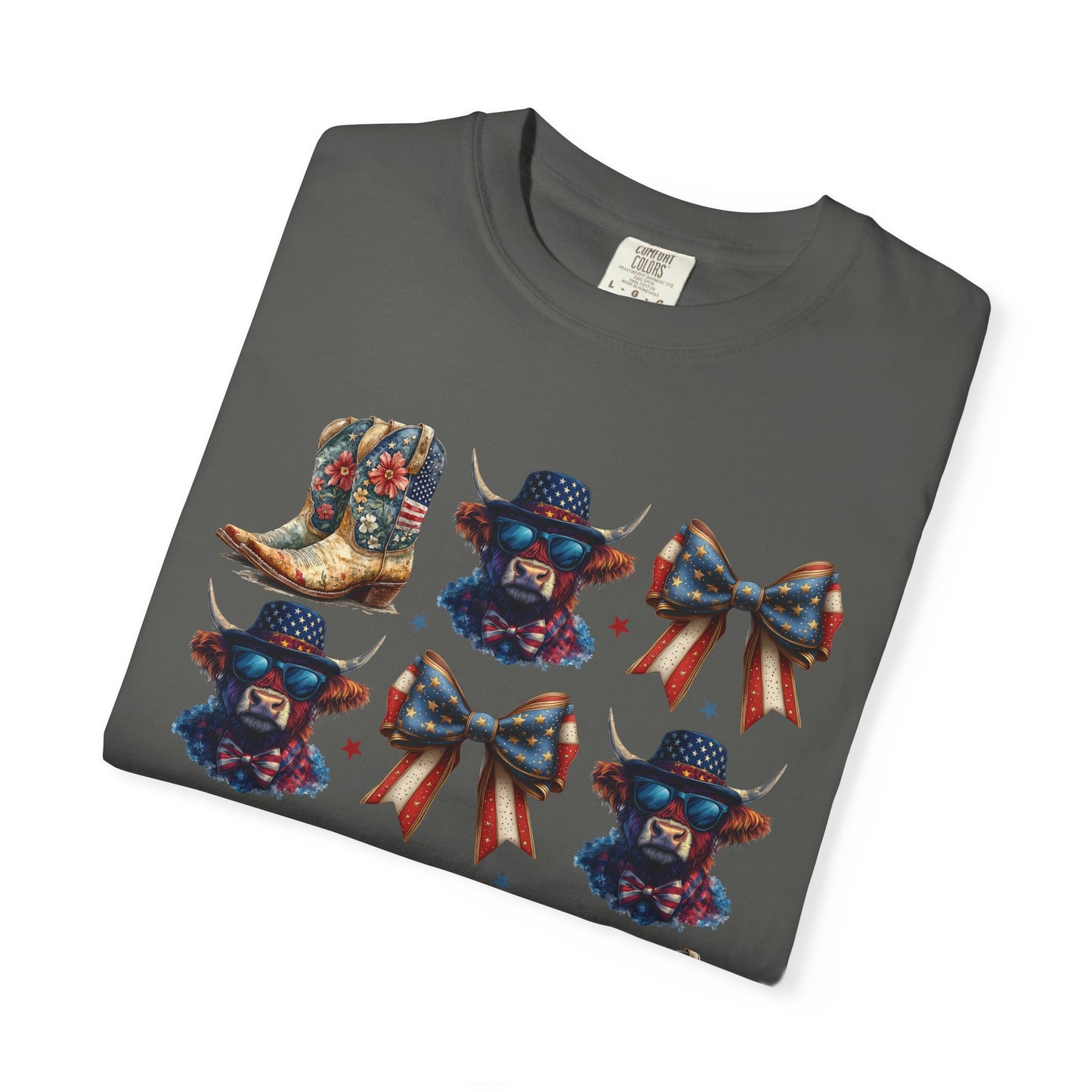 Patriotic Cowboy Icons T-Shirt — Western Boots, Hats & Bows Graphic Tee