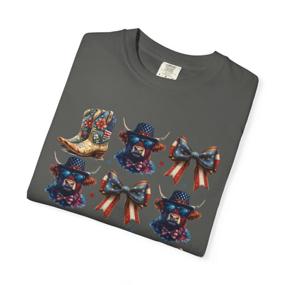 Patriotic Cowboy Icons T-Shirt — Western Boots, Hats & Bows Graphic Tee