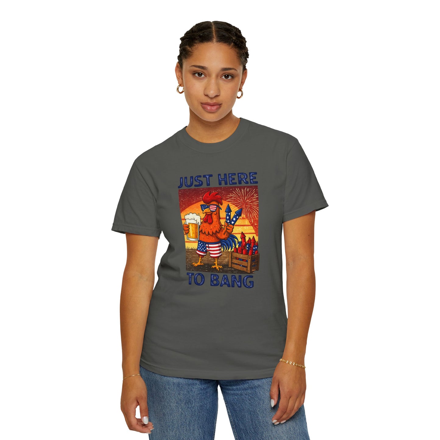 T-Shirt — "Just Here to Bang" Rooster Liberty BBQ Graphic Tee