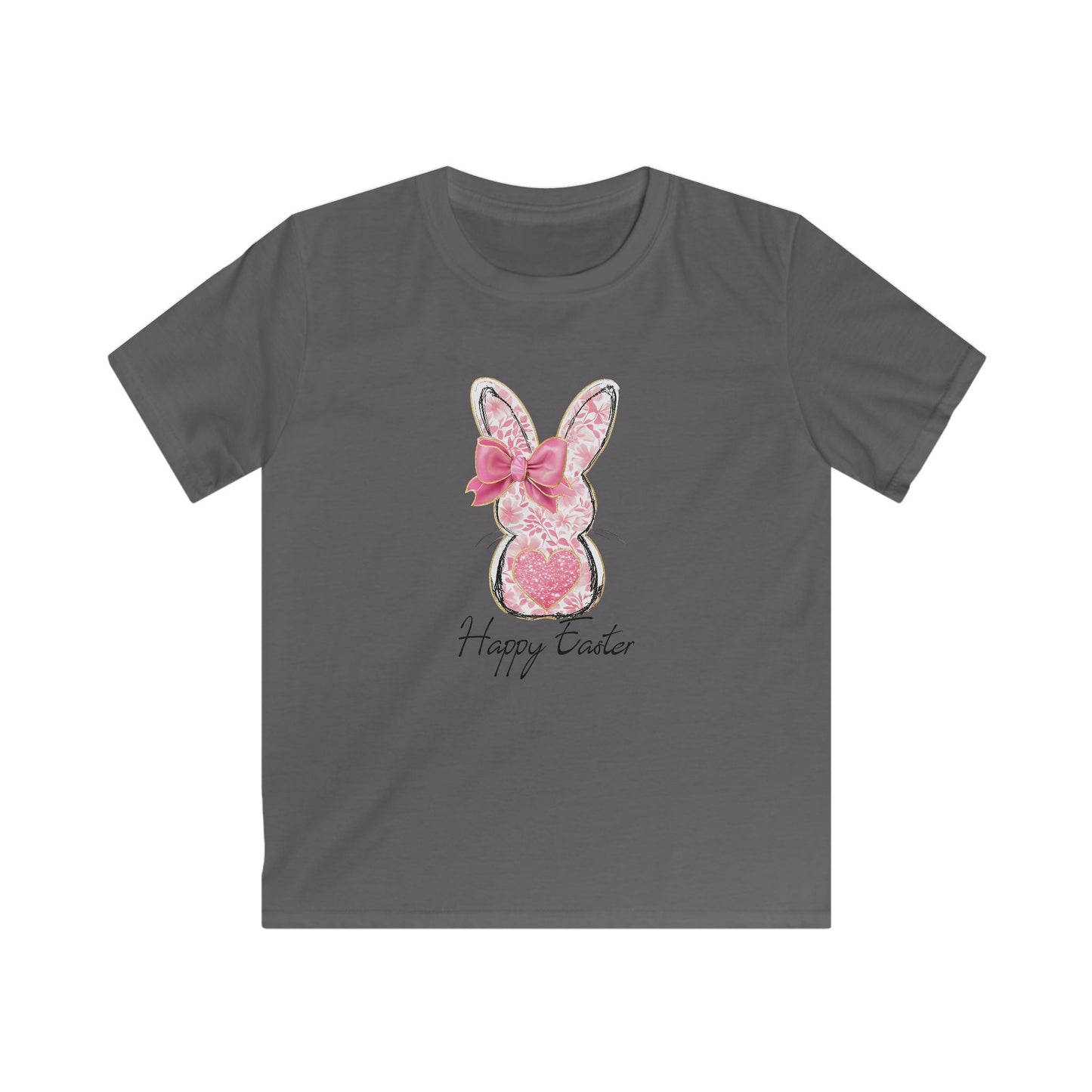 Easter Bunny Kids Tee — Pink Glitter Bunny with Bow, "Happy Easter" Kids T-Shirt