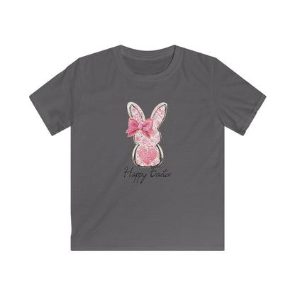 Easter Bunny Kids Tee — Pink Glitter Bunny with Bow, "Happy Easter" Kids T-Shirt