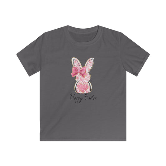 Easter Bunny Kids Tee — Pink Glitter Bunny with Bow, "Happy Easter" Kids T-Shirt