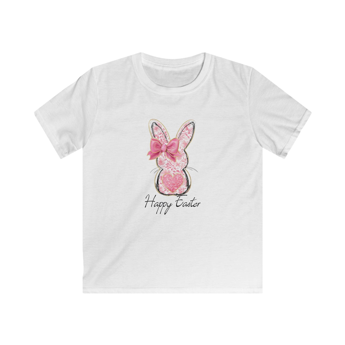 Easter Bunny Kids Tee — Pink Glitter Bunny with Bow, "Happy Easter" Kids T-Shirt