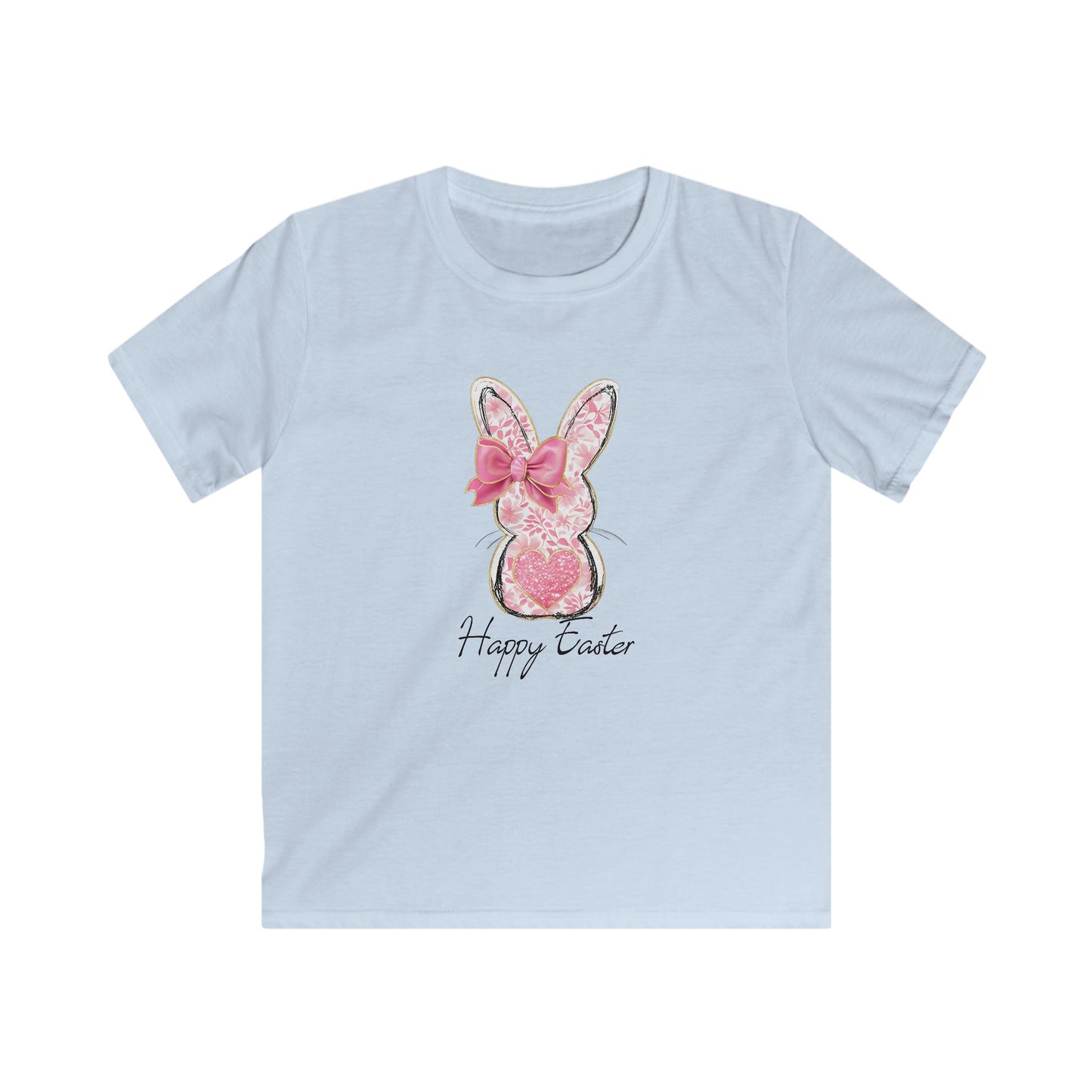 Easter Bunny Kids Tee — Pink Glitter Bunny with Bow, "Happy Easter" Kids T-Shirt